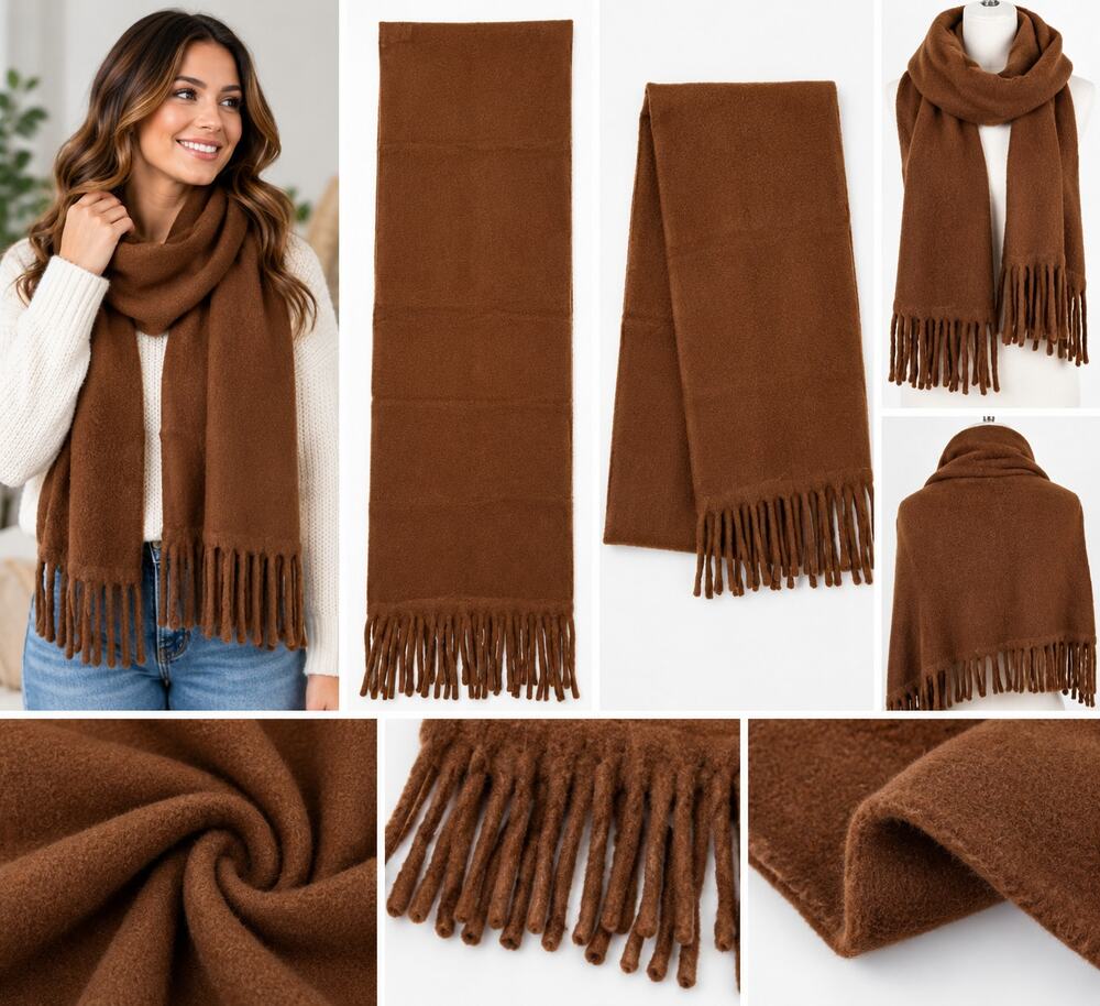 Women’s Solid Brown Fleece Scarf with Fringe – Soft Cozy Winter Accessory